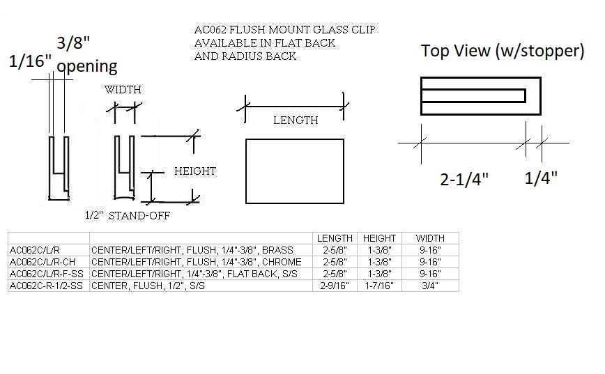 Radius Back Center Glass Clip for 1/4"-3/8" Glass